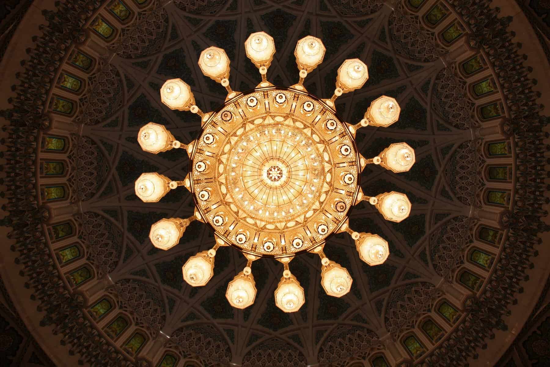 The chandelier and dome inside the Sultan Qaboos Grand Mosque