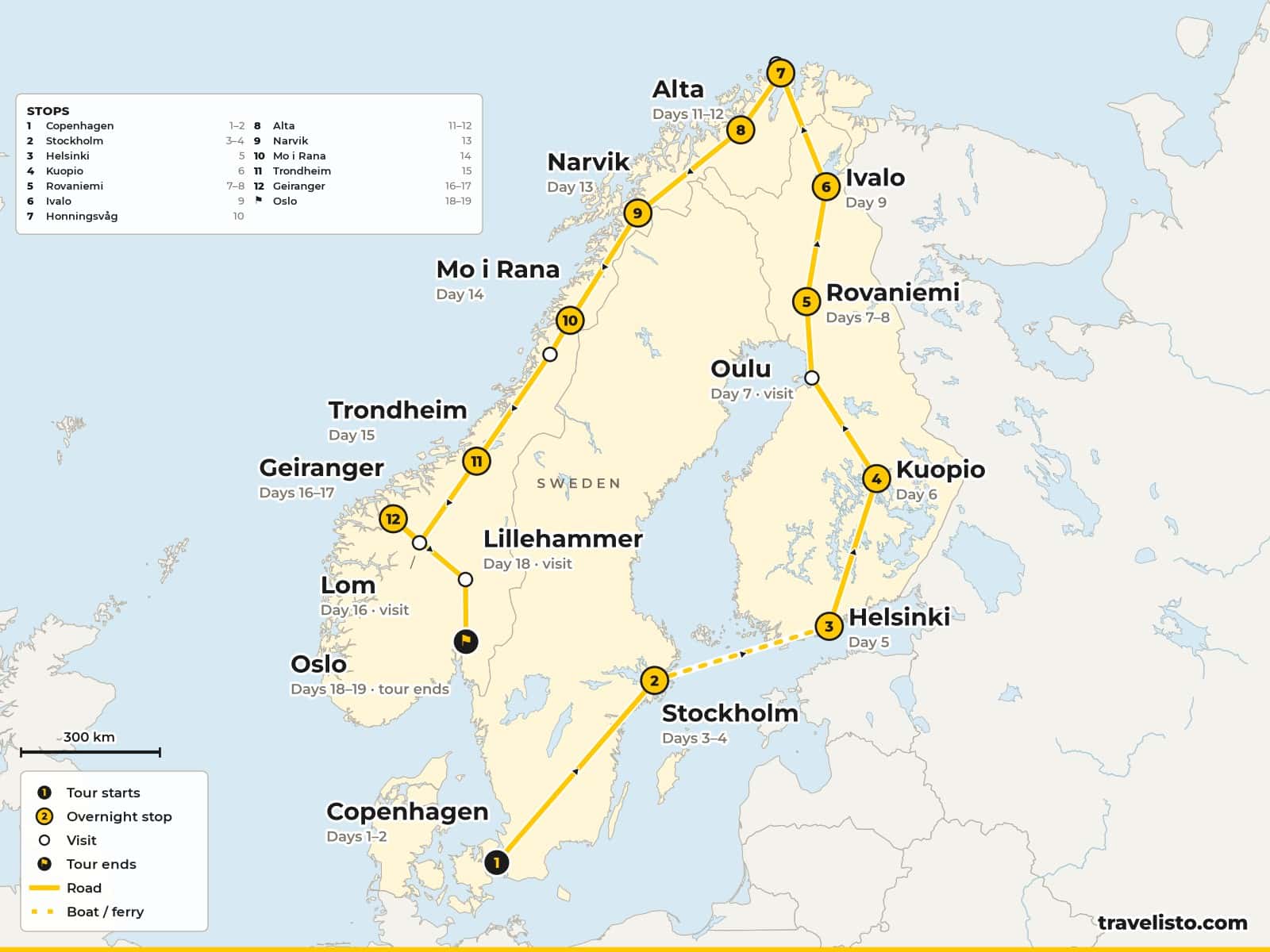 Map of the 20-day tour from Copenhagen to Stockholm, by ship to Helsinki, through Finland to Rovaniemi and the North Cape, then south through Norway to Geiranger and Oslo
