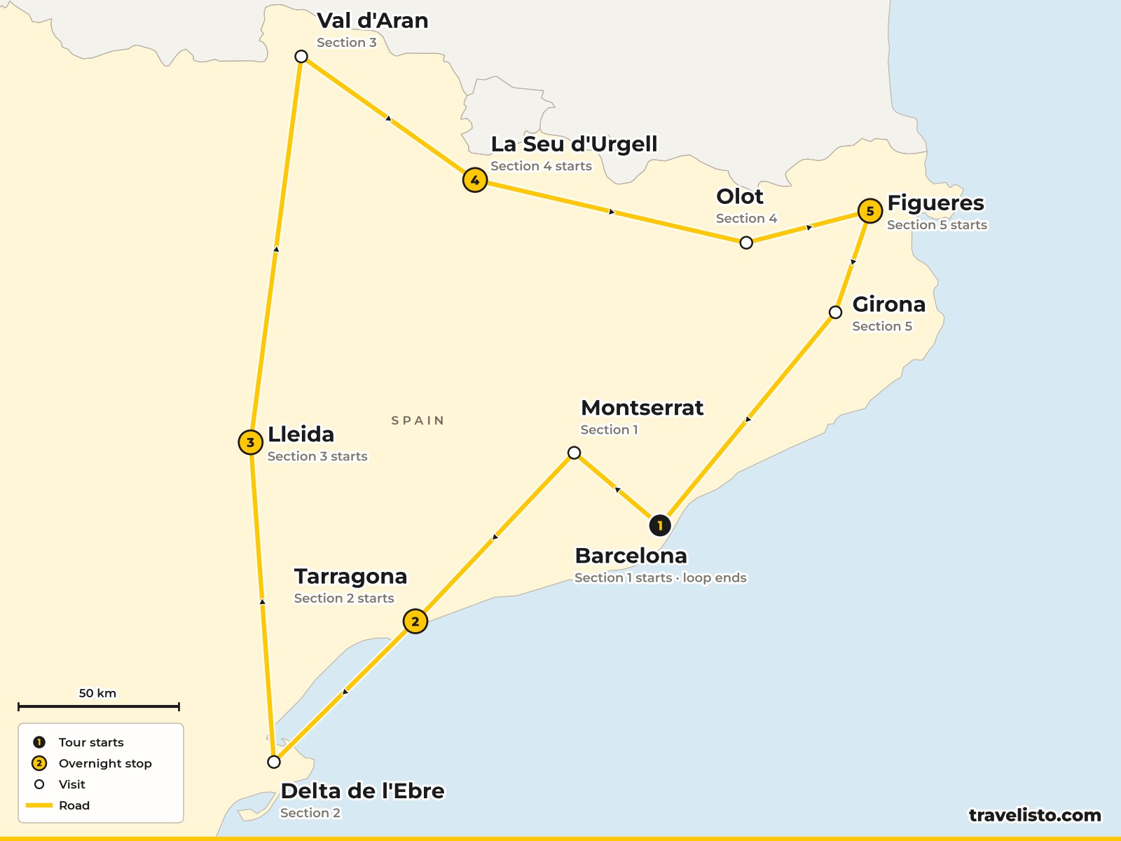 Route map of the Grand Tour of Catalonia, a clockwise loop from Barcelona through Tarragona, Lleida, La Seu d’Urgell and Figueres, in five numbered sections
