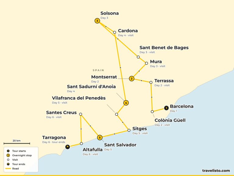 Route map of Section 1, Barcelona to Tarragona via Montserrat, Solsona, the Penedès and Sitges