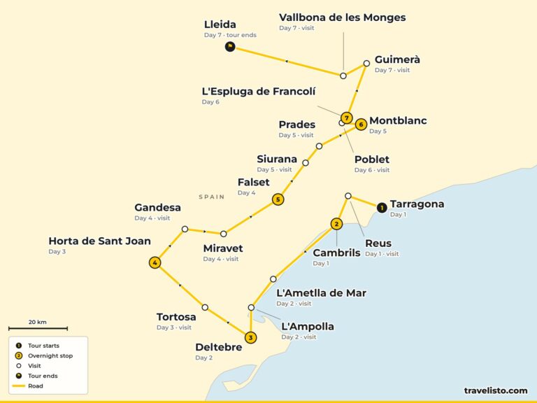 Route map of Section 2, Tarragona to Lleida via Cambrils, the Ebro Delta, Horta de Sant Joan, Priorat and Poblet