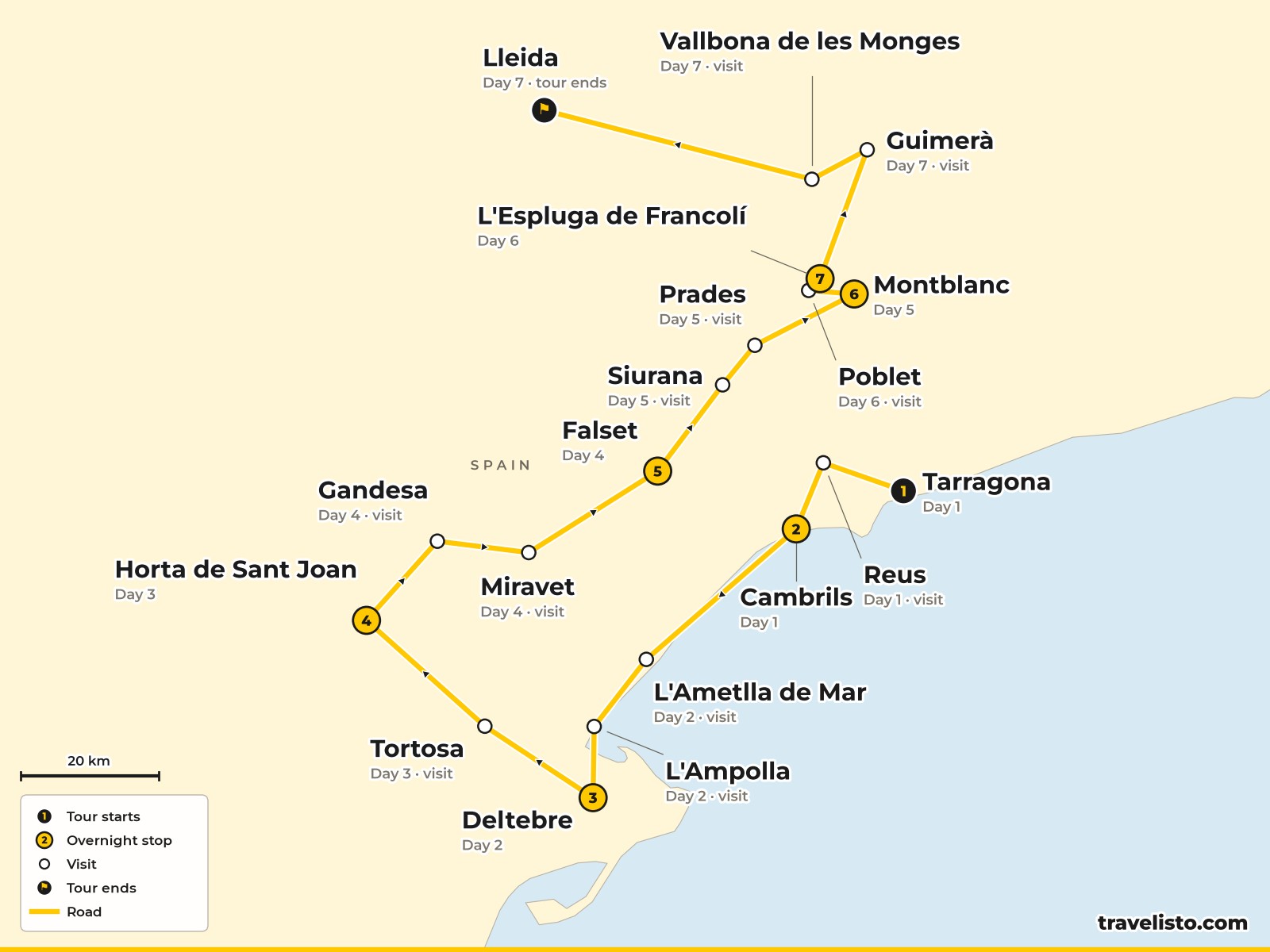 Route map of Section 2, Tarragona to Lleida via Cambrils, the Ebro Delta, Horta de Sant Joan, Priorat and Poblet