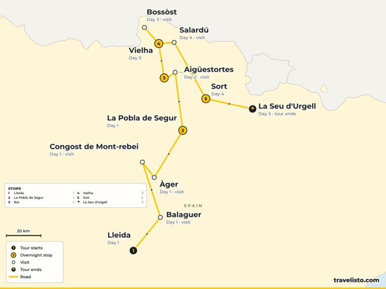 Route map of Section 3, Lleida to La Seu d’Urgell via Mont-rebei, the Vall de Boí, the Val d’Aran and Sort