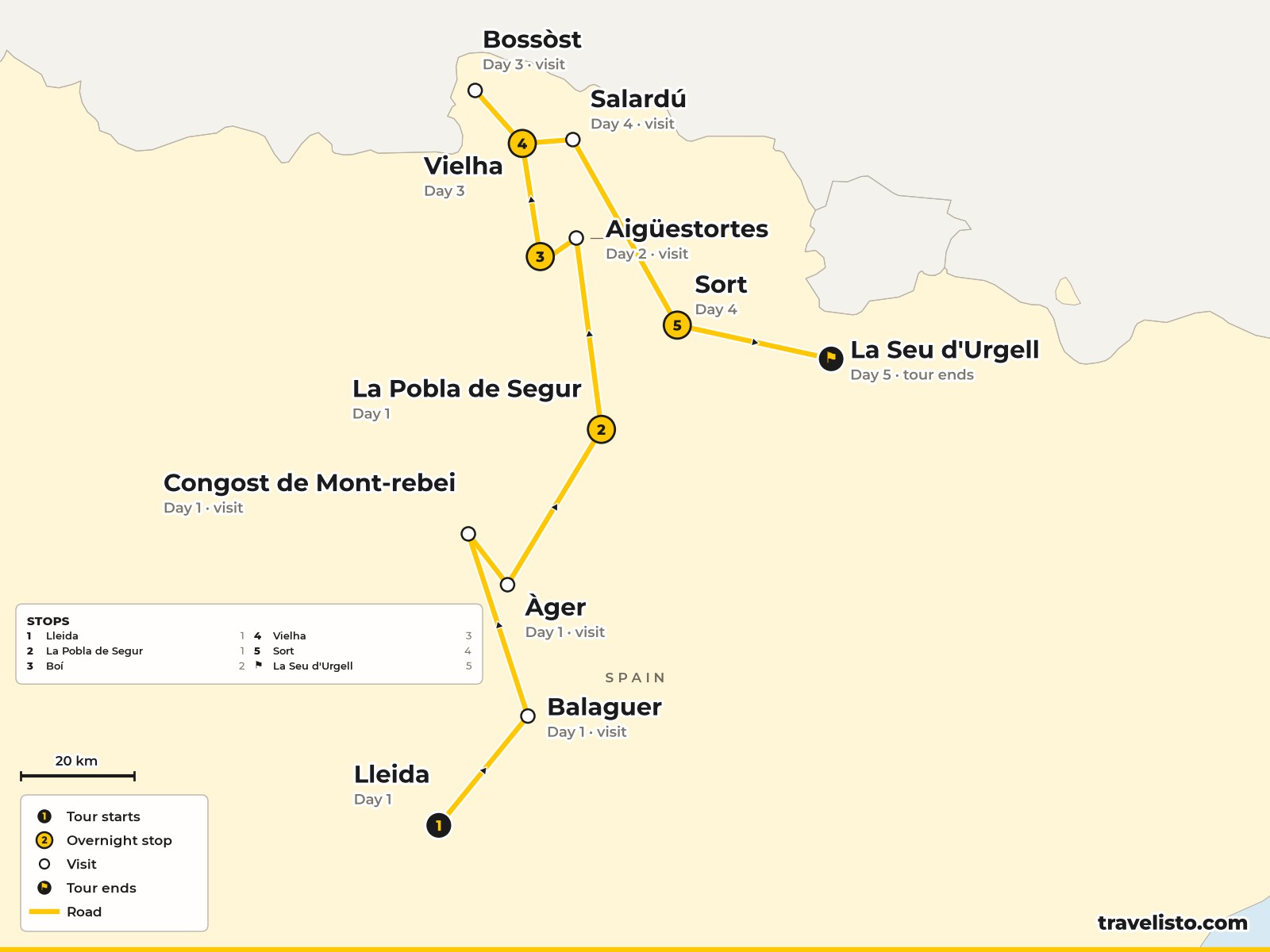 Route map of Section 3, Lleida to La Seu d’Urgell via Mont-rebei, the Vall de Boí, the Val d’Aran and Sort