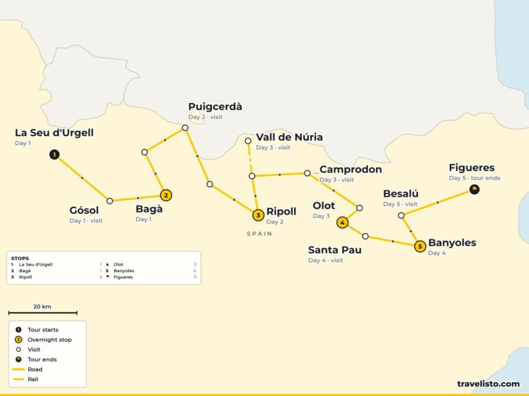 Route map of Section 4, La Seu d’Urgell to Figueres via Bagà, Ripoll, Núria, Olot, Banyoles and Besalú