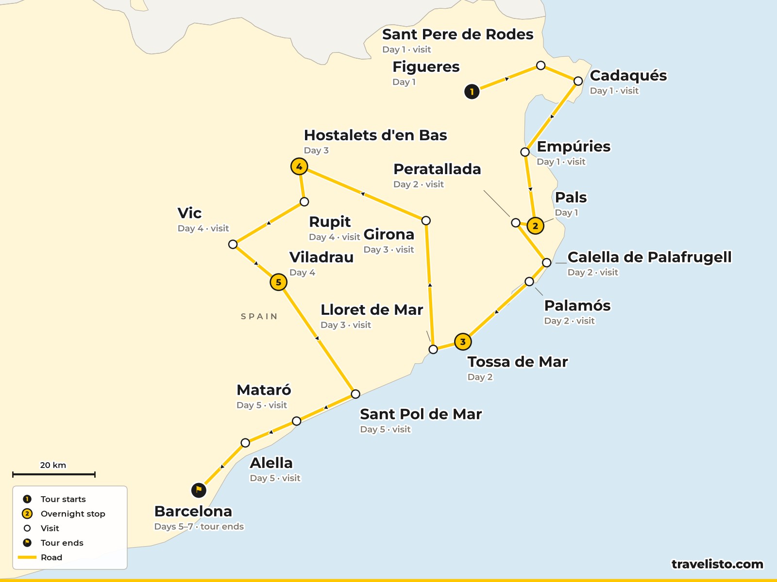 Route map of Section 5, Figueres to Barcelona via Cadaqués, Pals, Tossa de Mar, Girona, Vic and the Maresme coast