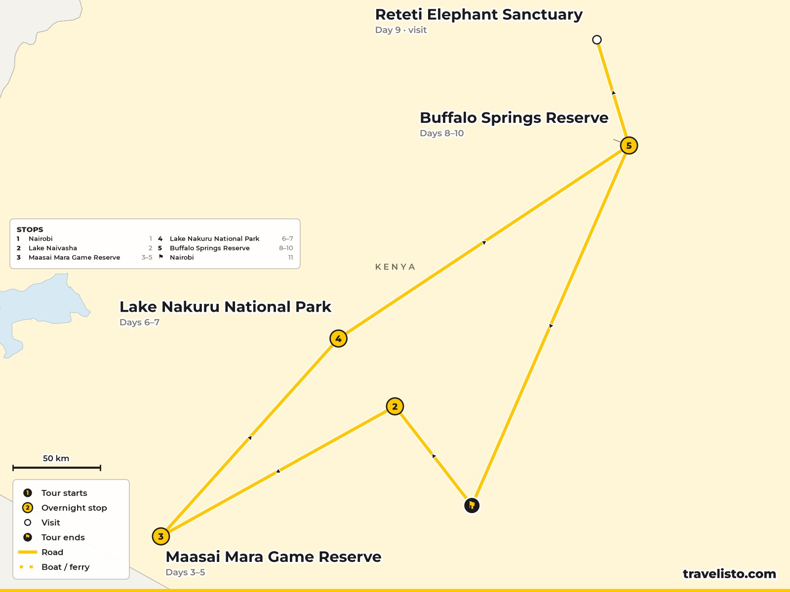 Map of the 12-day safari from Nairobi to Lake Naivasha, the Maasai Mara, Lake Nakuru and Buffalo Springs