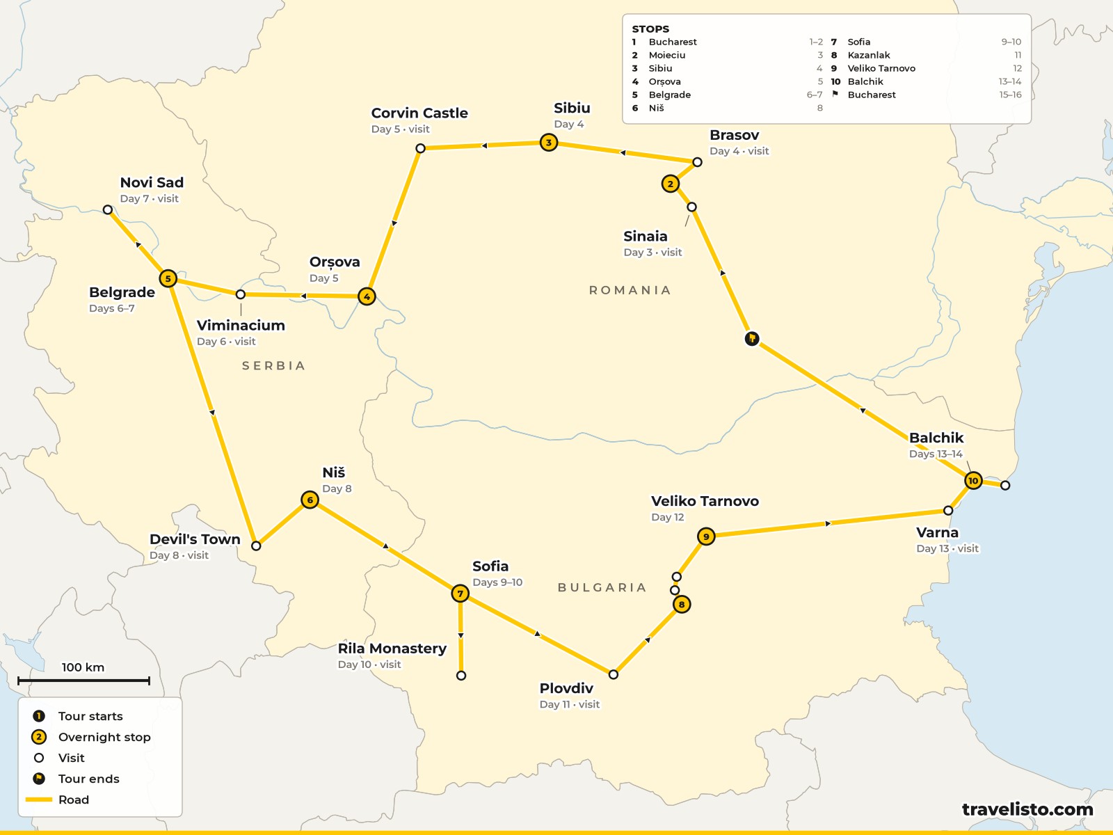 Map of the 16-day loop from Bucharest through Transylvania, Serbia and Bulgaria and back