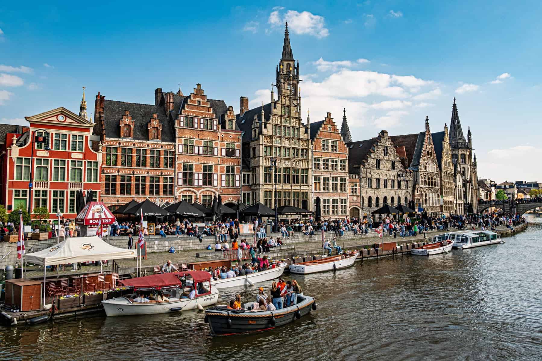 Historic guild houses on the Graslei waterfront in Ghent, Belgium