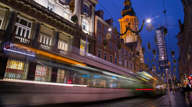 A street in Graz lit with festive lights