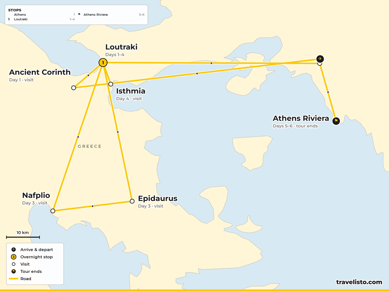 Map of the 6-day route from Athens to Loutraki, Ancient Corinth, Epidaurus and back to the Athens Riviera