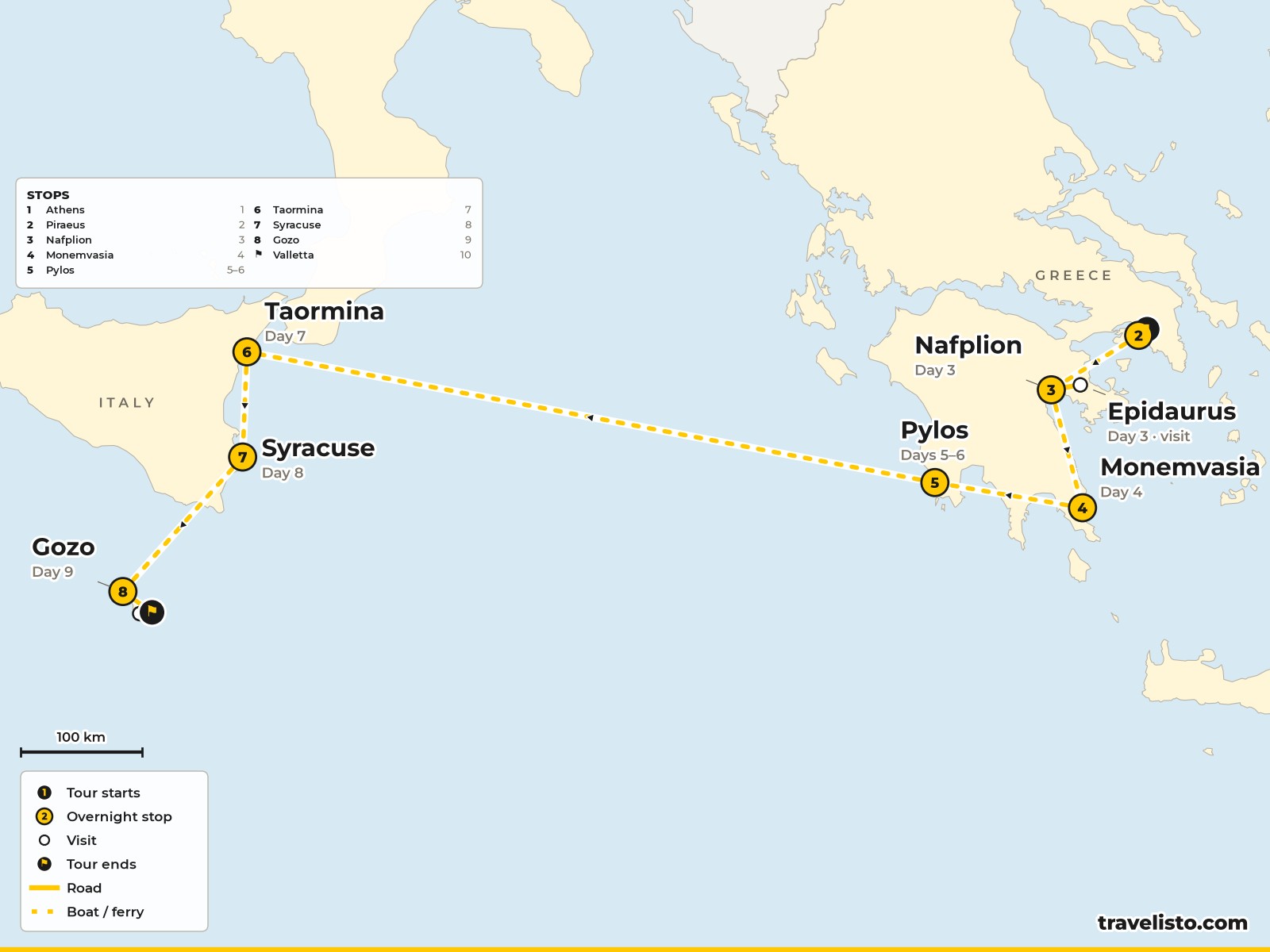 Map of the 11-day voyage from Athens around the Peloponnese to Taormina and Syracuse in Sicily, then Gozo and Valletta