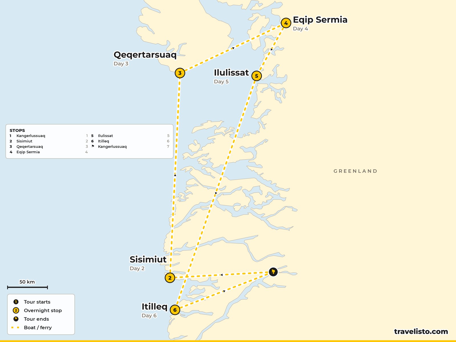 Map of the 7-day cruise from Kangerlussuaq around Disko Bay to Ilulissat