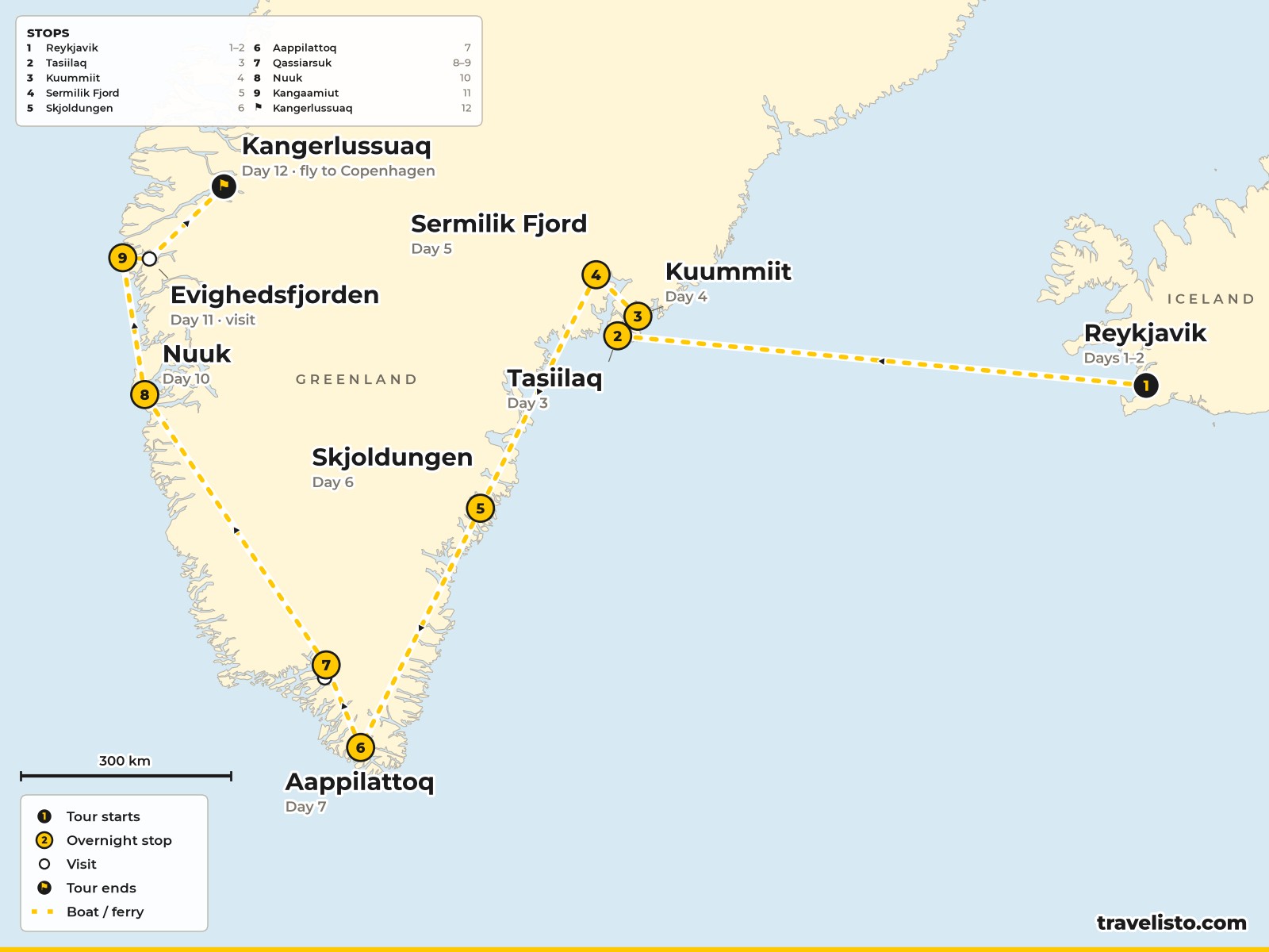 Map of the 12-day cruise from Reykjavik around southern Greenland to Nuuk and Kangerlussuaq