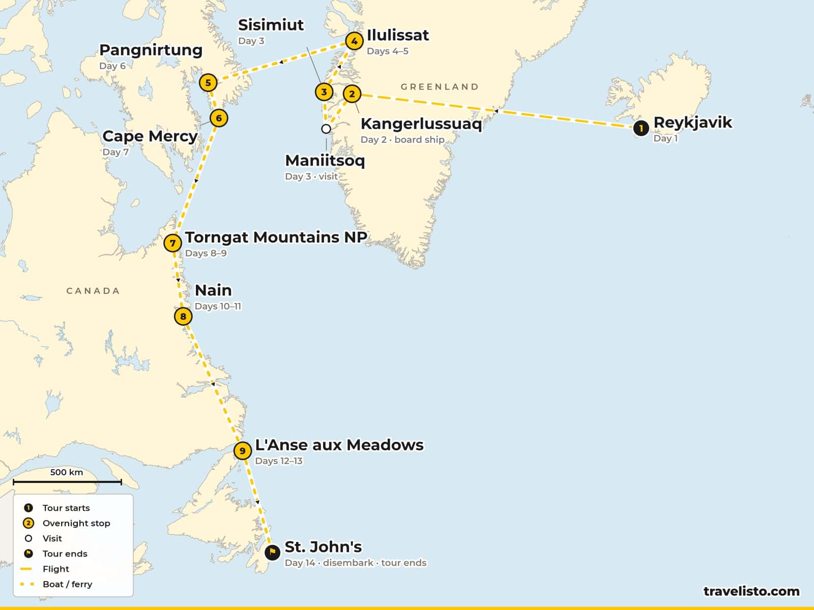 Map of the 14-day expedition cruise from Reykjavik by air to Kangerlussuaq, then by ship via Ilulissat, Nunavut, the Torngat Mountains and Labrador to St John's