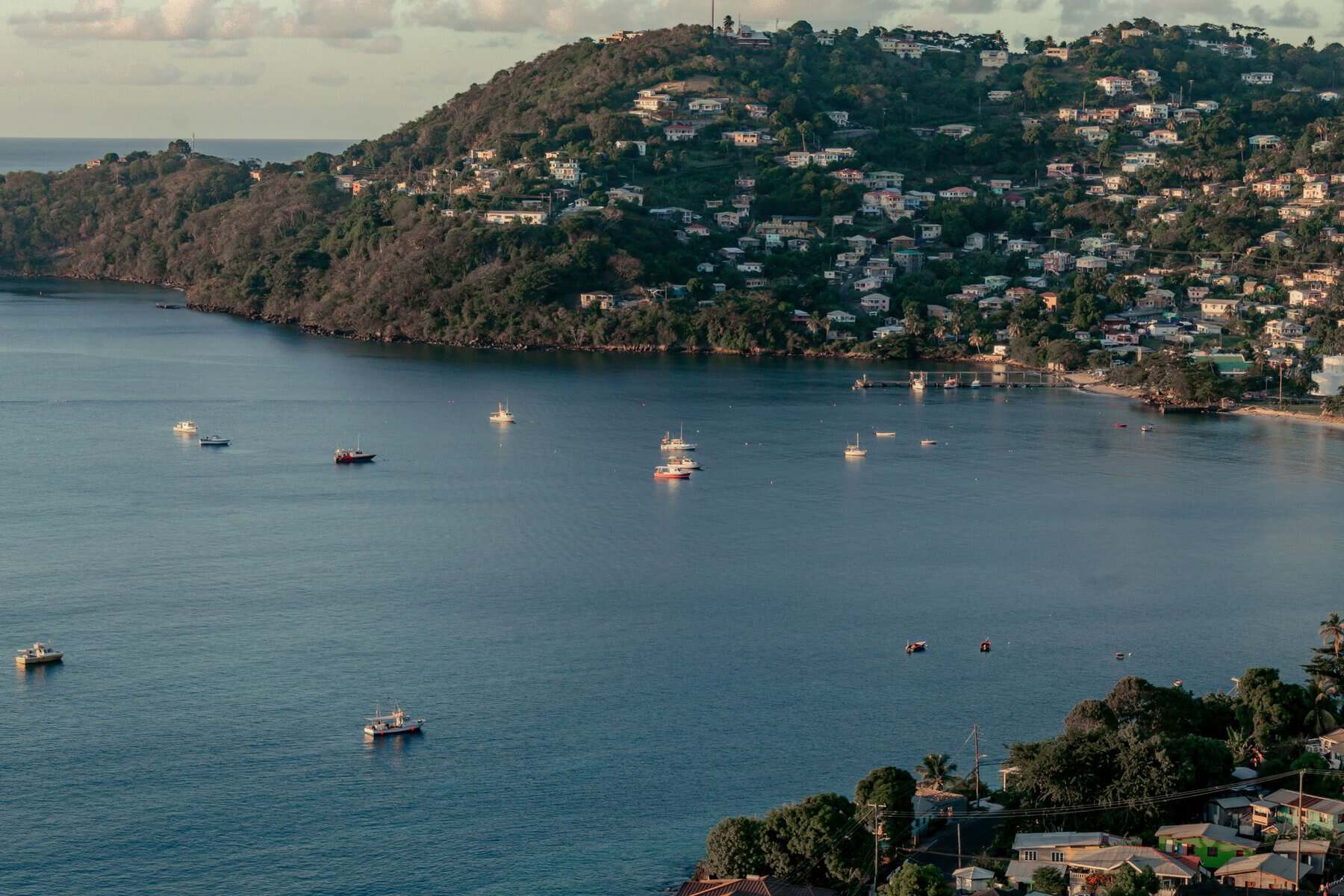 Aerial view of a bay in Grenada with boats and green hills