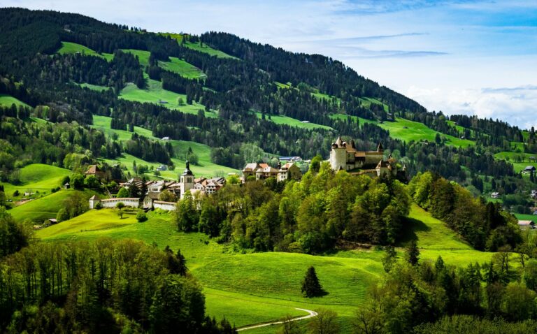 Gruyères castle among green hills