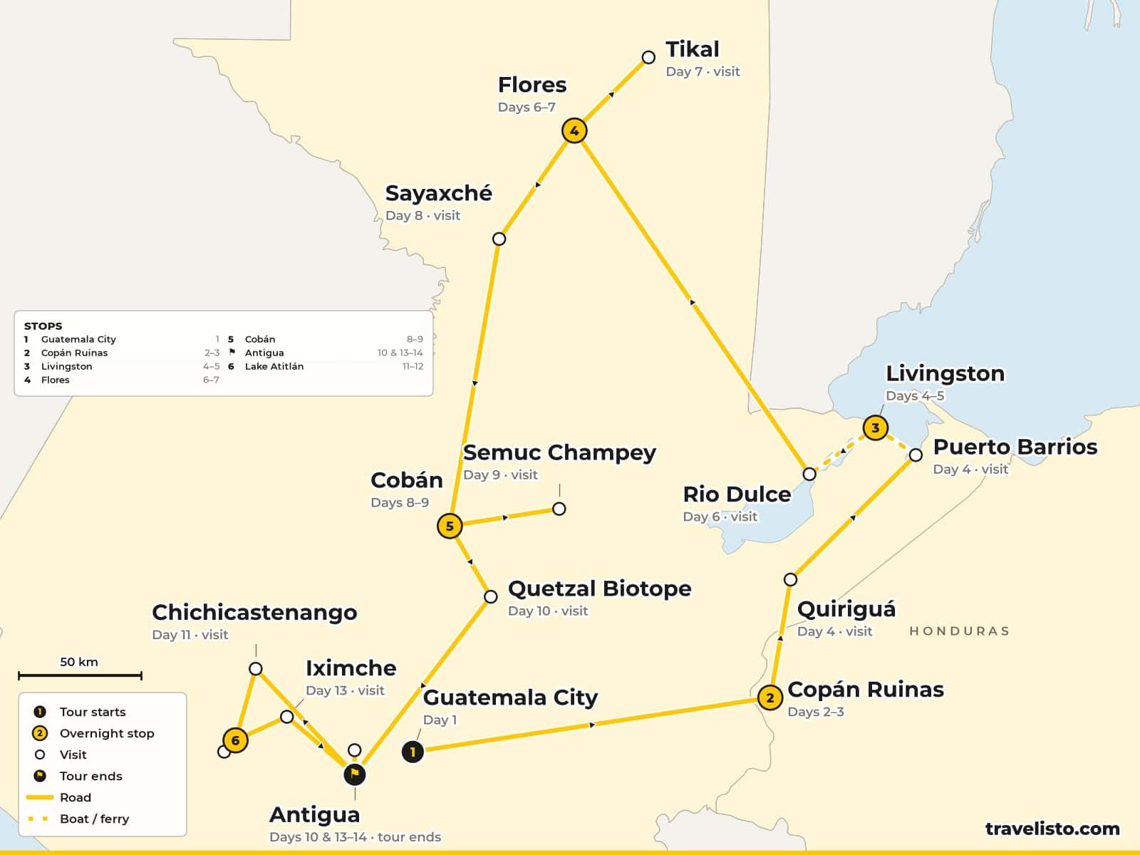 Map of the 15-day trip from Guatemala City to Copán in Honduras, Livingston, Flores and Tikal, Cobán, Lake Atitlán and Antigua