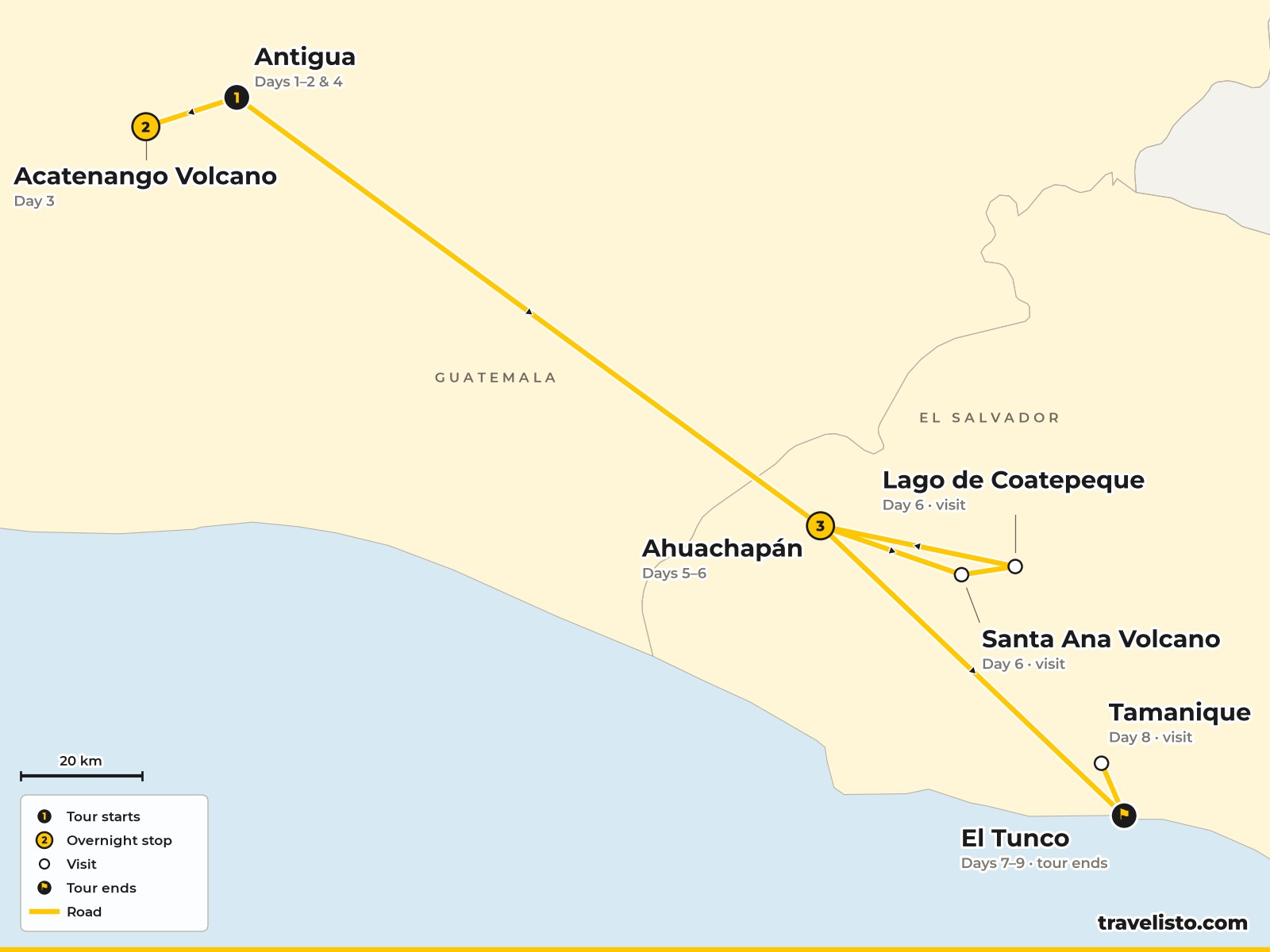 Map of the 9-day route from Antigua to Acatenango, Ahuachapán, the Santa Ana volcano and El Tunco