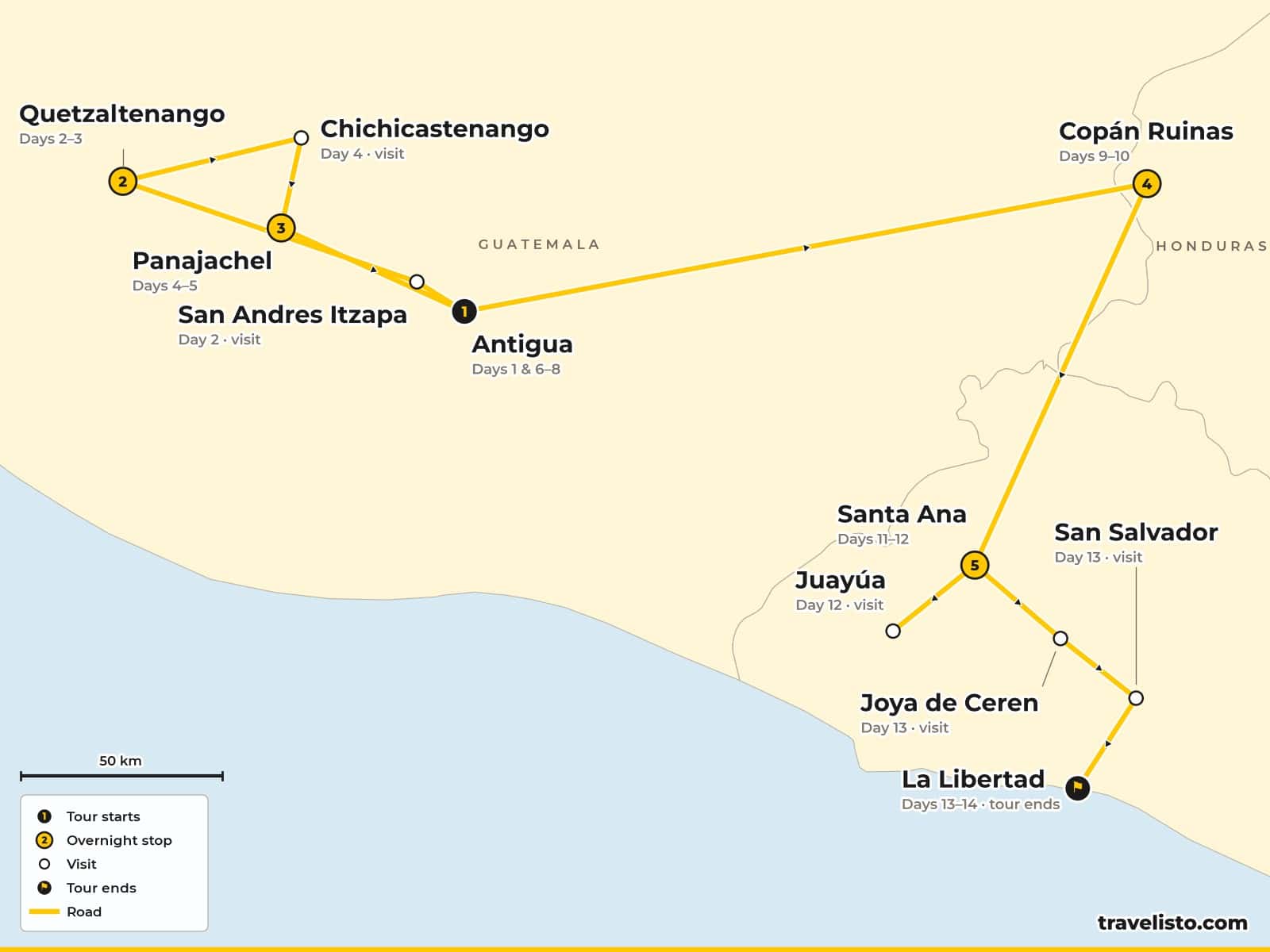 Route map of the 15-day trip from Antigua via Quetzaltenango, Lake Atitlán, Copán and Santa Ana to El Salvador's Costa del Sol