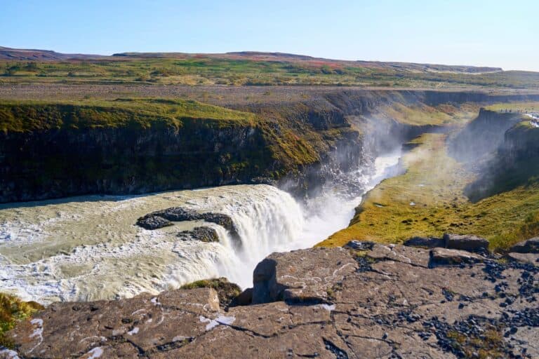 Gullfoss waterfall plunging into its canyon, Iceland