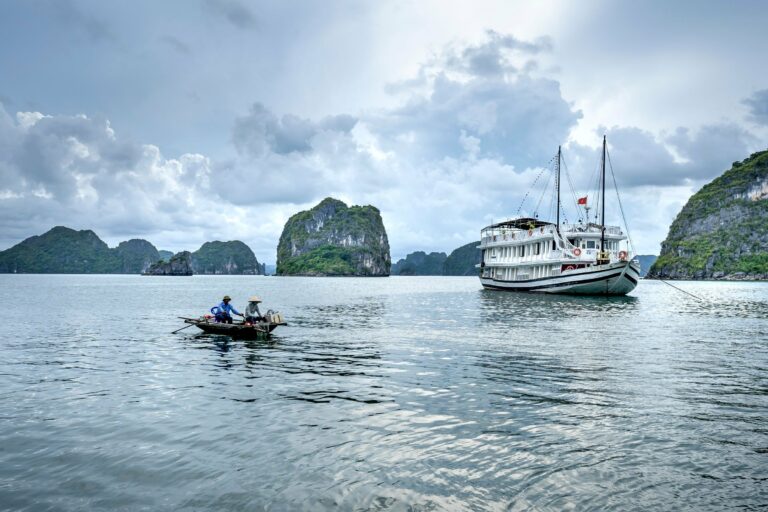Boats among the limestone islands of Ha Long Bay