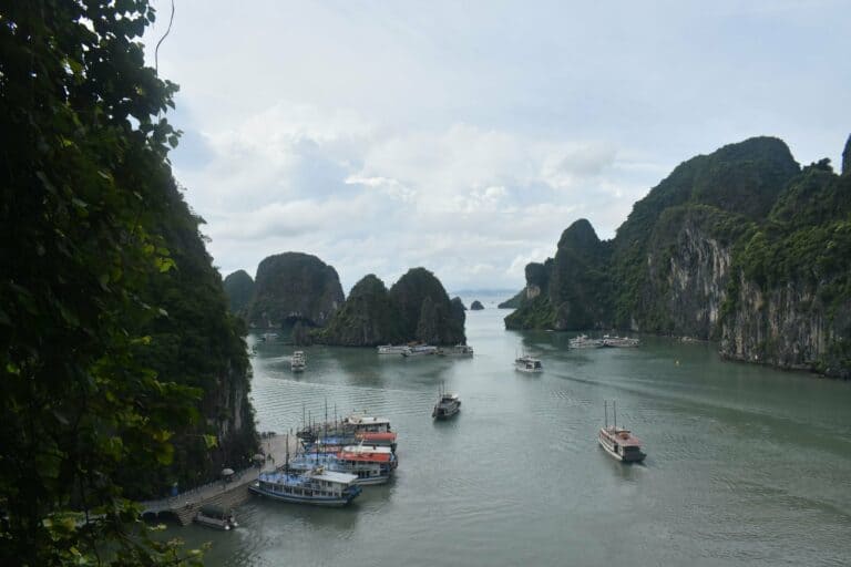 Boats among the limestone islands of Ha Long Bay