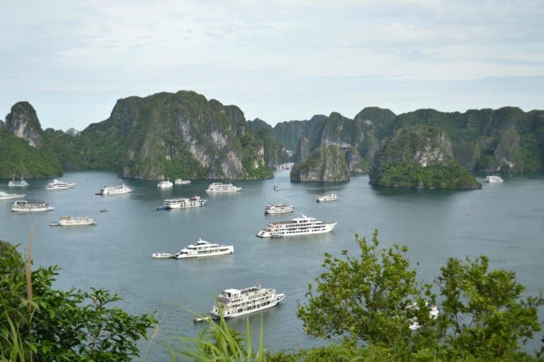 Limestone islands and boats in Ha Long Bay, Vietnam