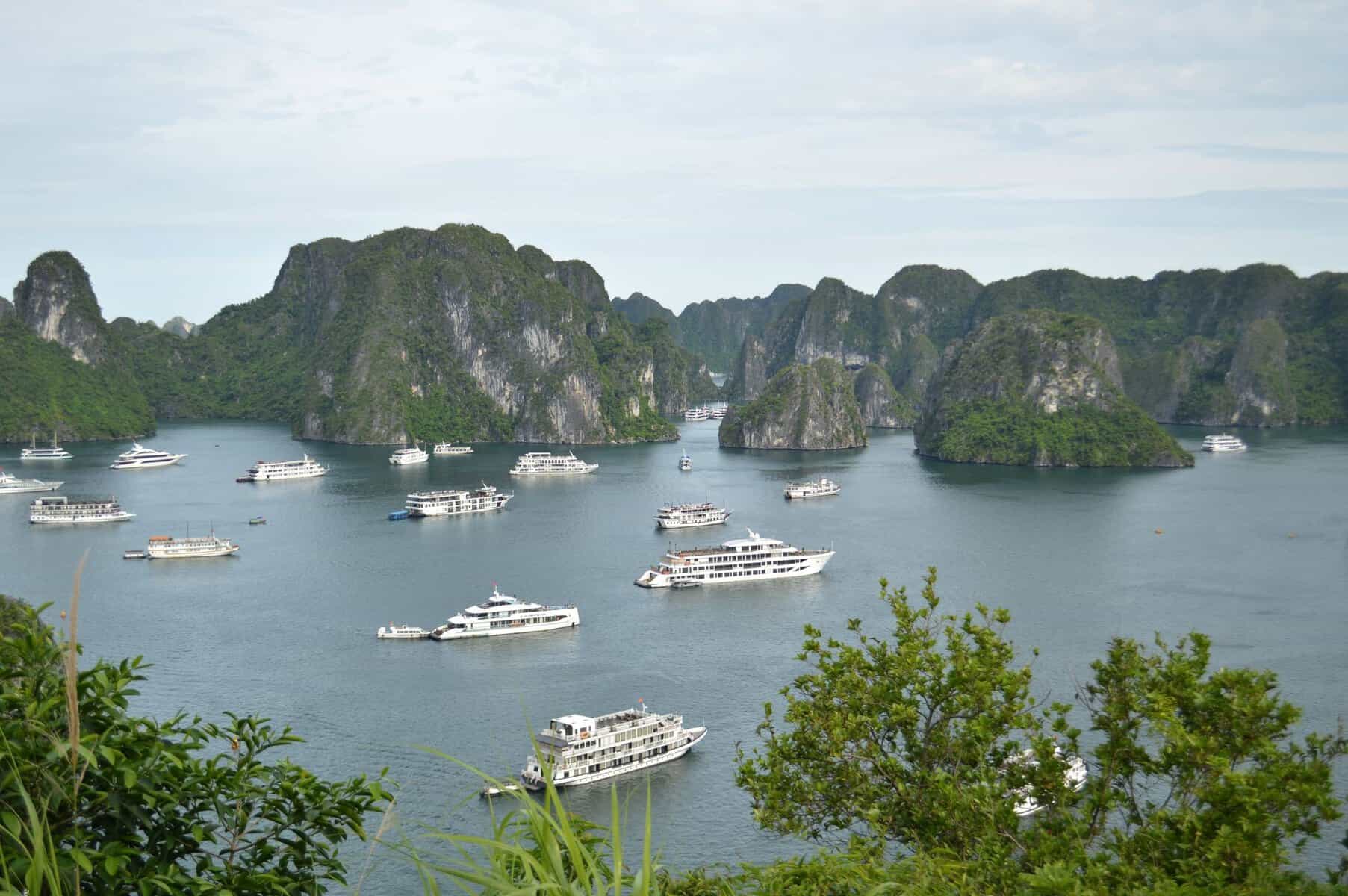 Limestone islands and boats in Ha Long Bay, Vietnam