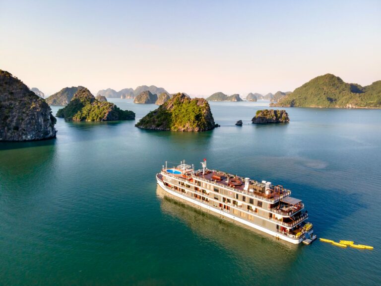 A cruise ship among the islands of Ha Long Bay