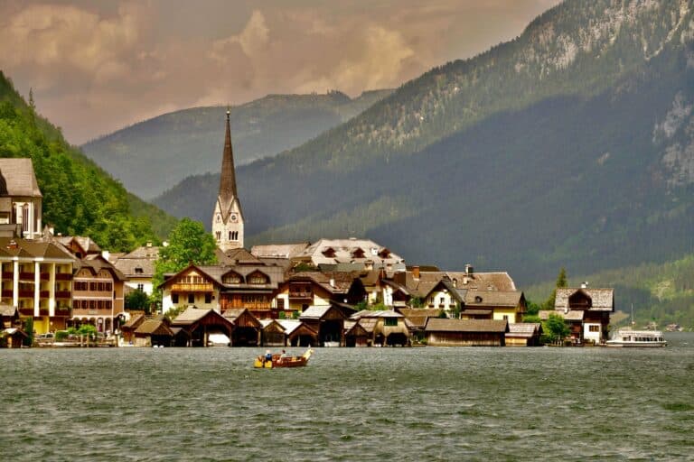 Hallstatt village by the lake beneath the mountains