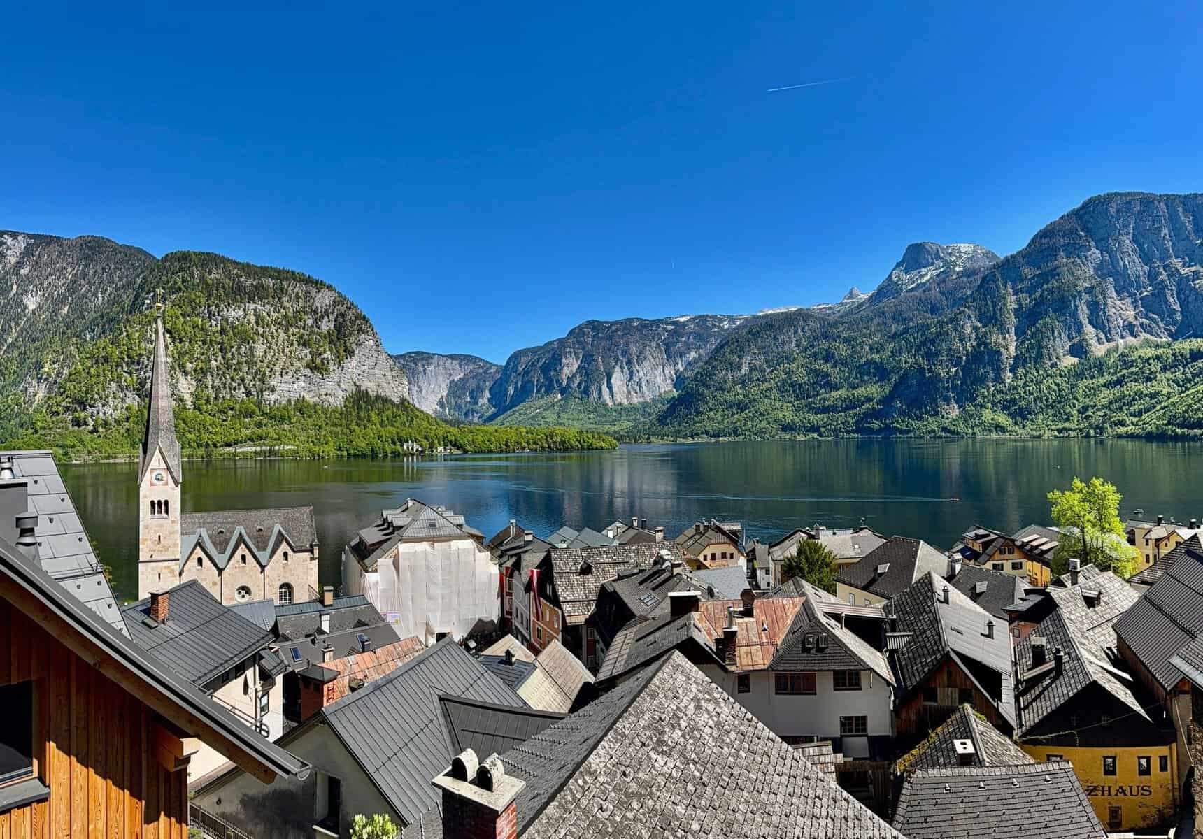 Hallstatt's rooftops with the Dachstein Alps