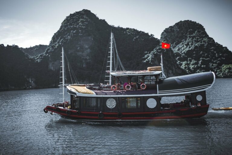 A traditional junk sailing in Halong Bay