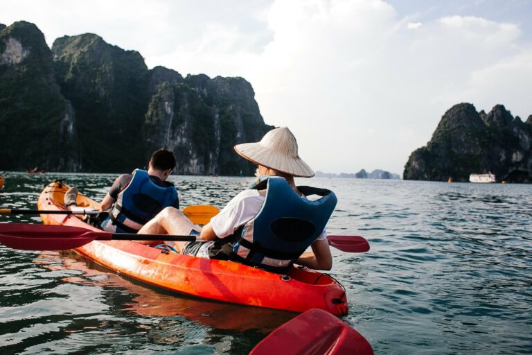 Kayaking in Halong Bay under clear skies