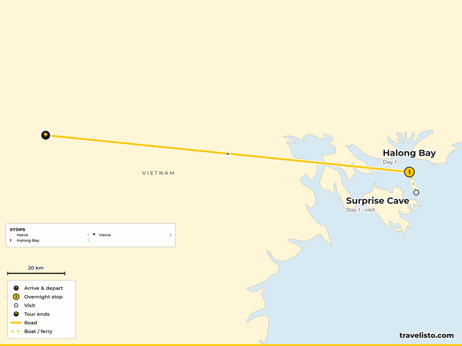 Map of the 2-day trip from Hanoi to Halong Bay