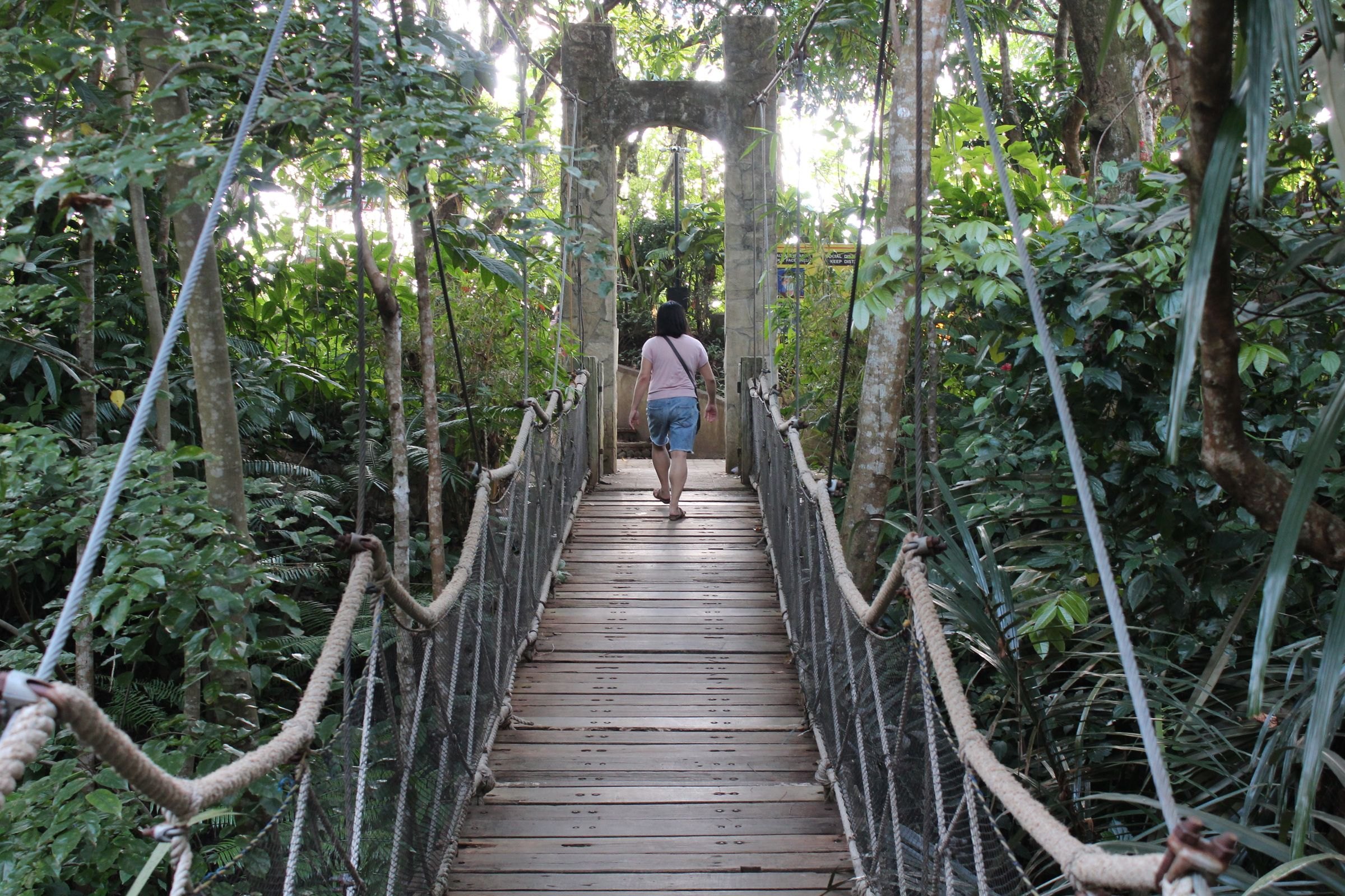 A woman crossing a wooden hanging bridge