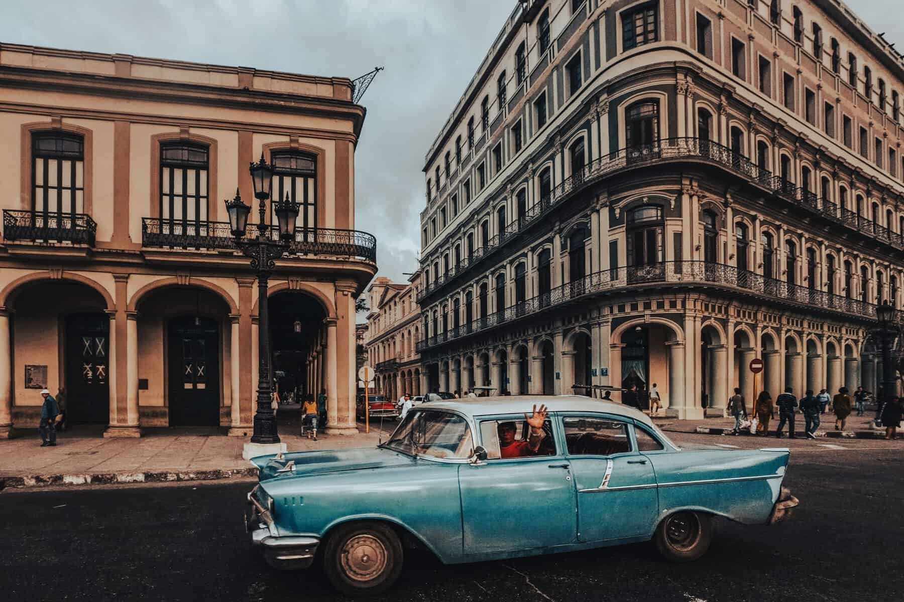 A classic blue American car in the streets of Havana, Cuba