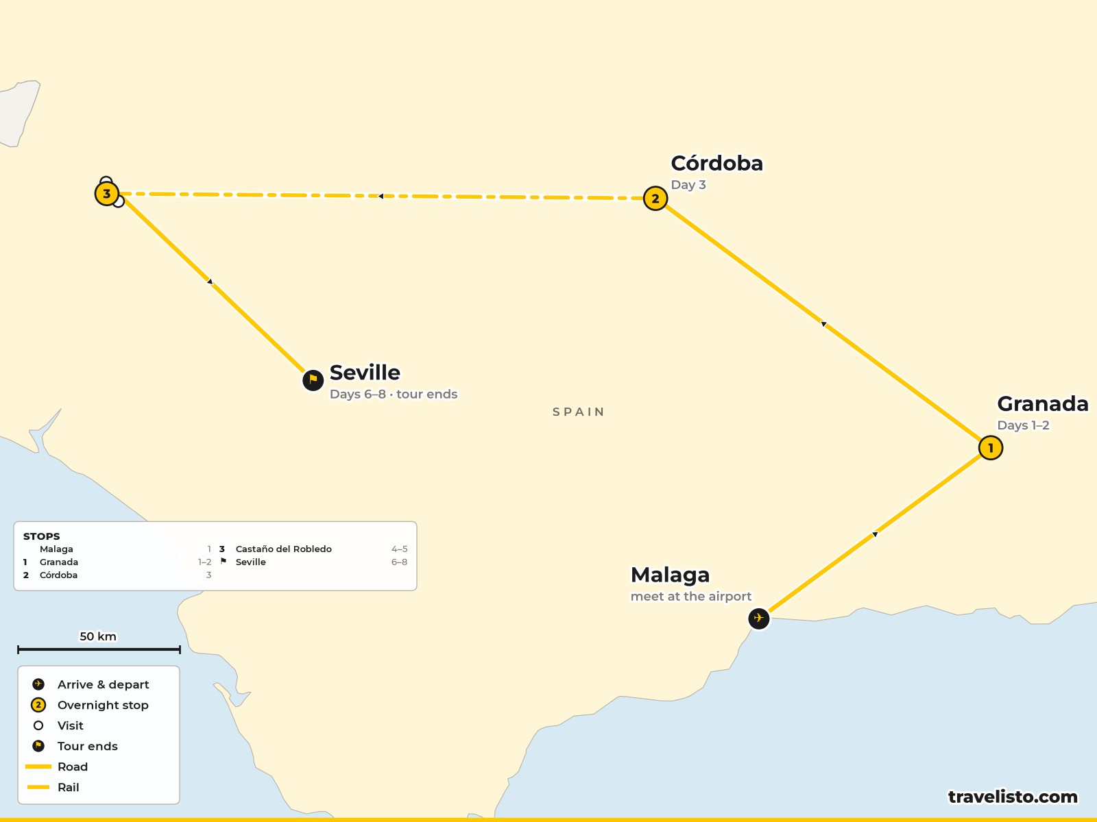 Map of the 8-day route from Malaga to Granada, Cordoba, the Sierra de Aracena and Seville