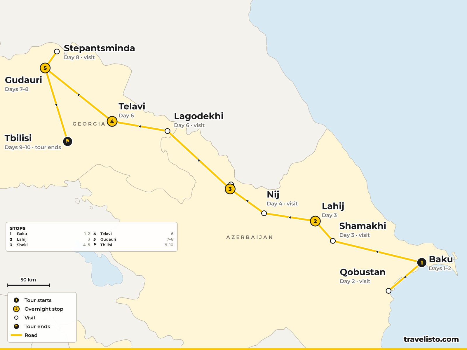 Map of the 10-day route from Baku through Lahij and Sheki to Kakheti, the Caucasus and Tbilisi