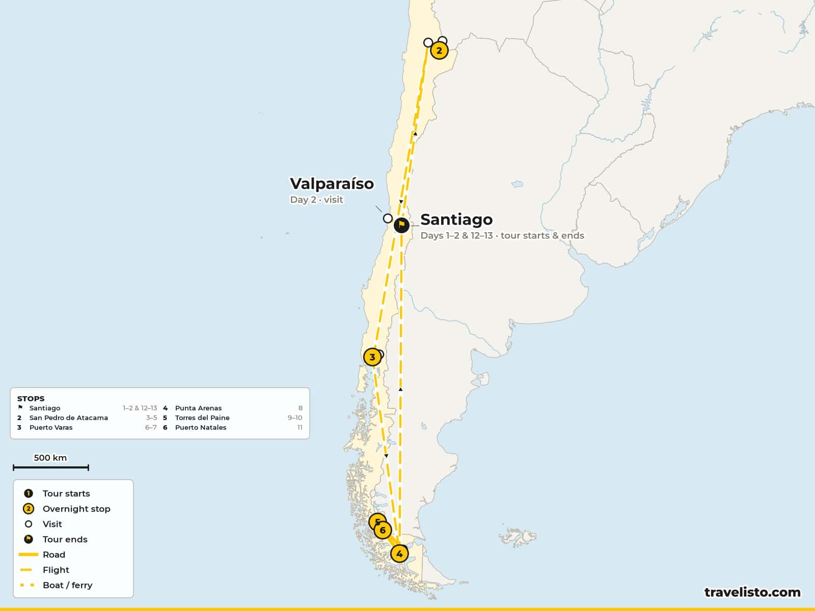 Map of the 13-day tour from Santiago to San Pedro de Atacama, Puerto Varas, Punta Arenas, Torres del Paine and Puerto Natales
