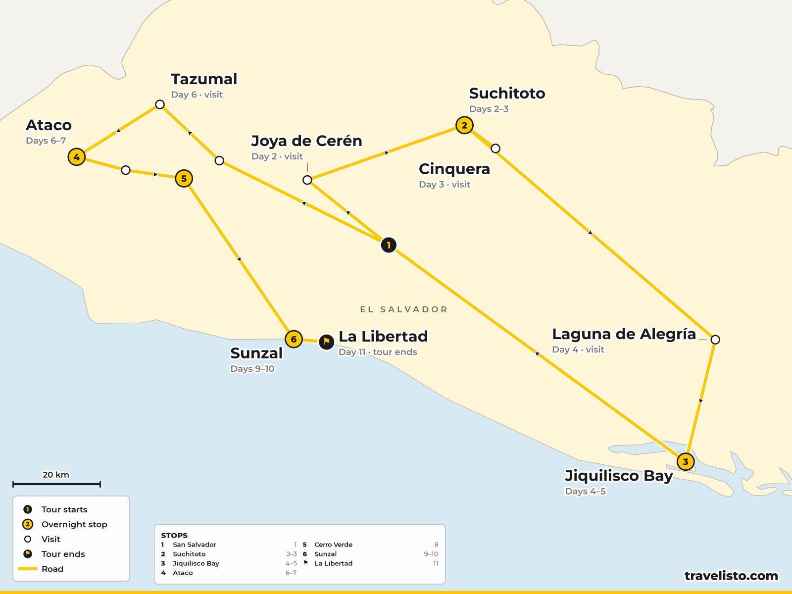 Map of the 11-day route around El Salvador from San Salvador to Suchitoto, Jiquilisco Bay, Ataco, Cerro Verde and La Libertad