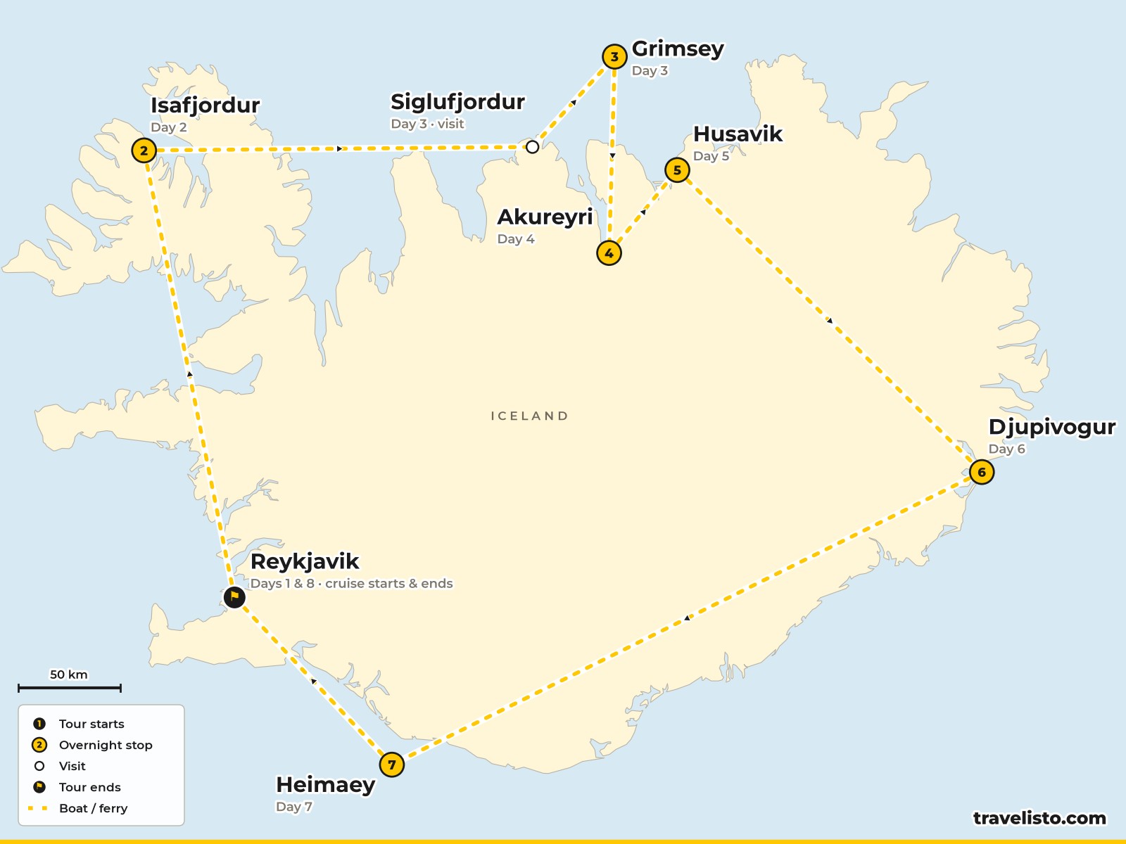 Map of the 8-day cruise around Iceland from Reykjavik to Ísafjörður, Grímsey, Akureyri, Húsavík, Djúpivogur and the Westman Islands