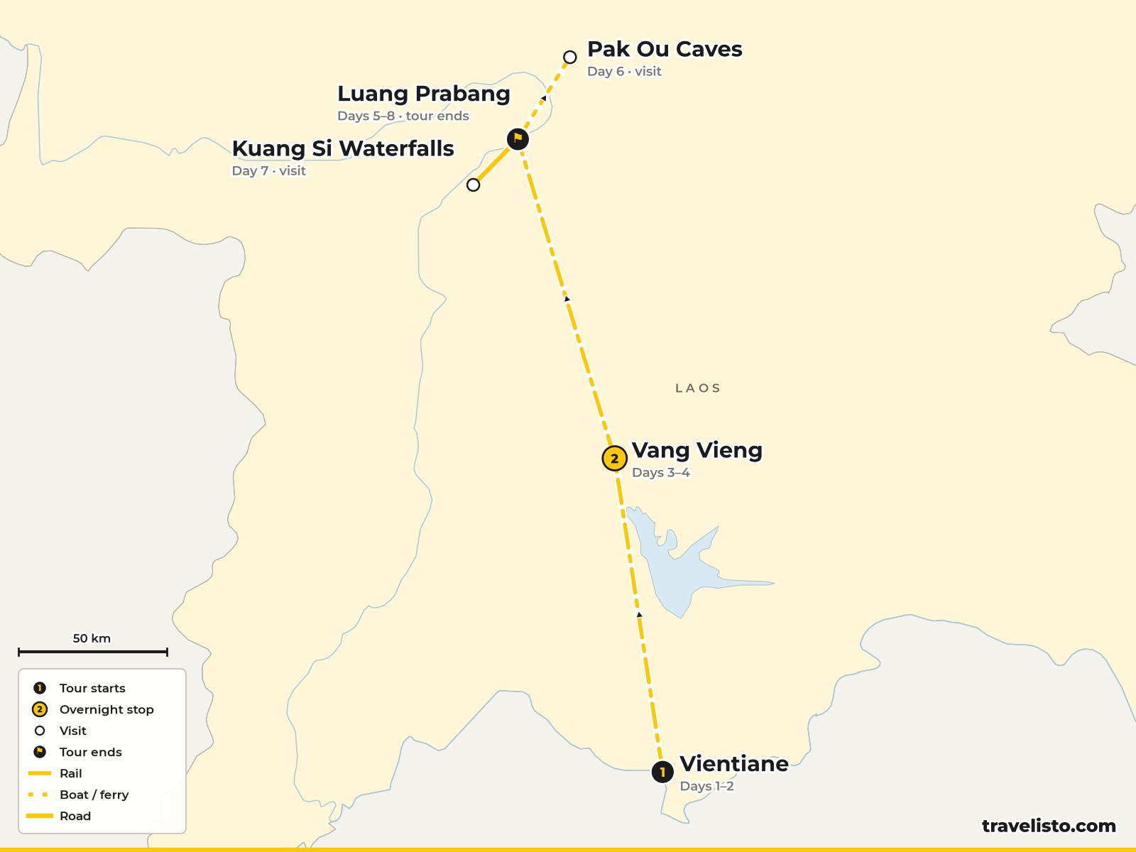 Map of the 8-day route from Vientiane by train to Vang Vieng and Luang Prabang