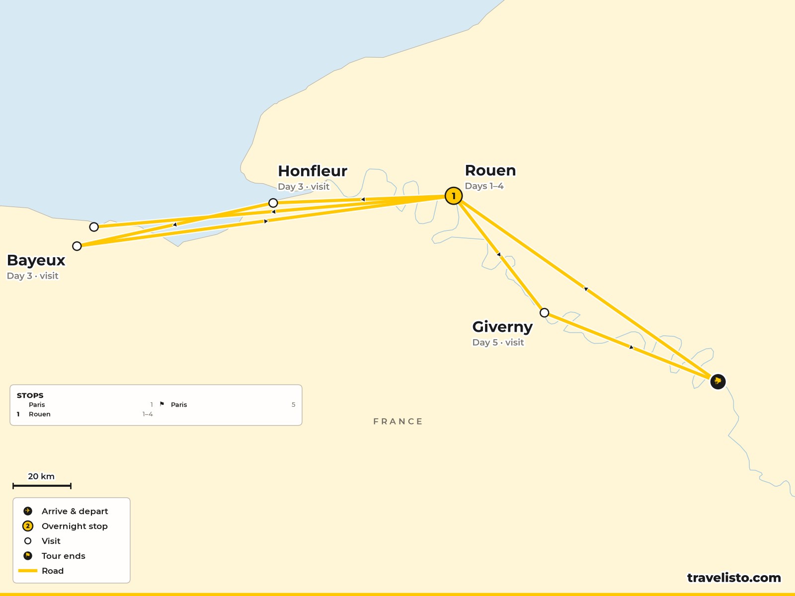 Map of Normandy showing Rouen, Honfleur, Arromanches and Giverny