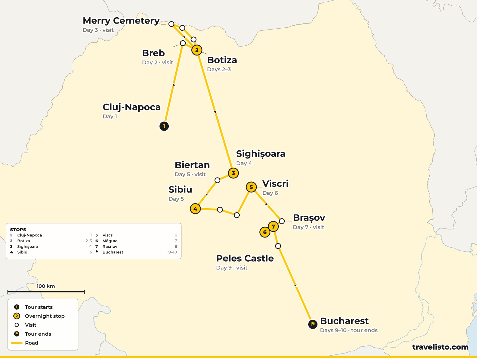 Map of the 10-day route from Cluj-Napoca to Maramures, Sighisoara, Sibiu, Viscri, Brasov and Bucharest