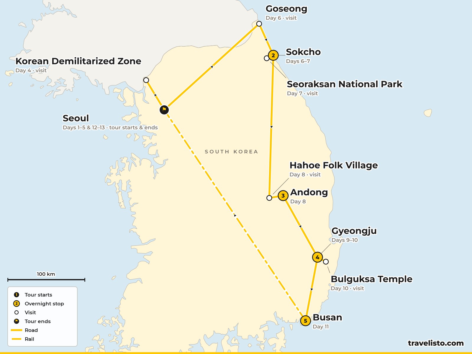 Map of the 13-day route from Seoul to the DMZ, Sokcho, Andong, Gyeongju, Busan and back to Seoul
