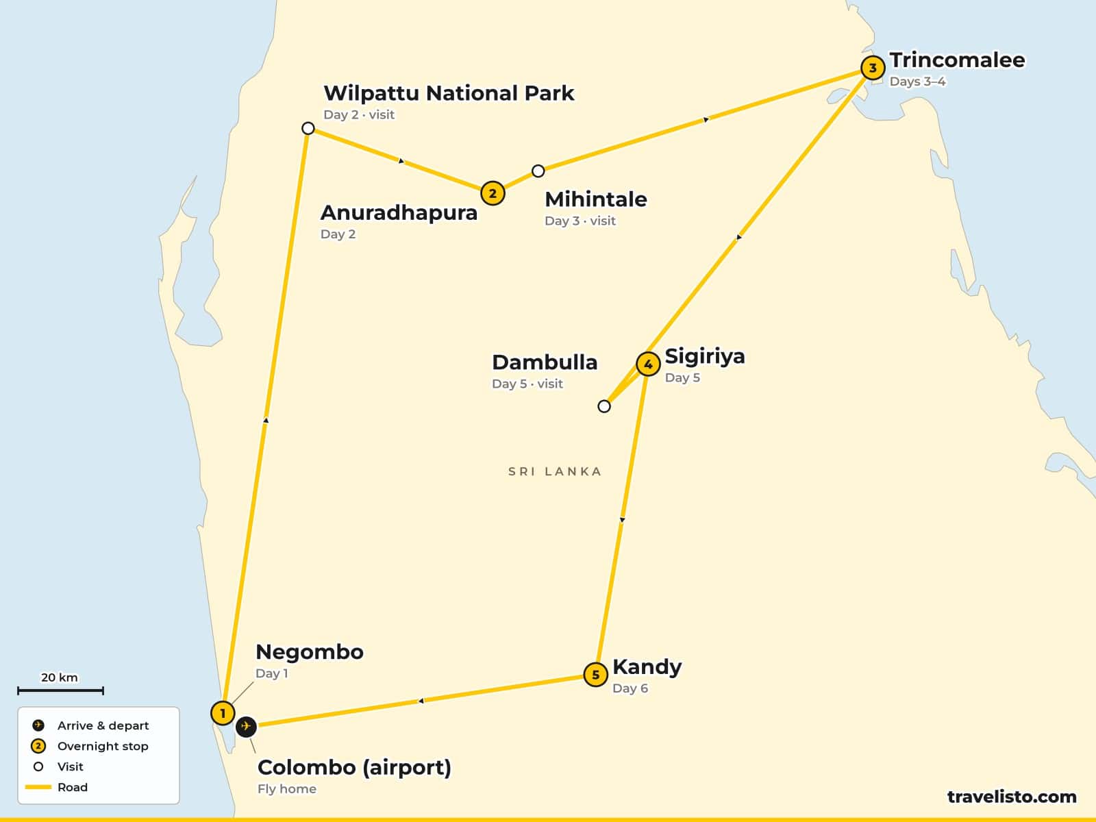 Map of the 7-day tour from Negombo via Wilpattu, Anuradhapura and Trincomalee to Dambulla, Sigiriya, Kandy and Colombo