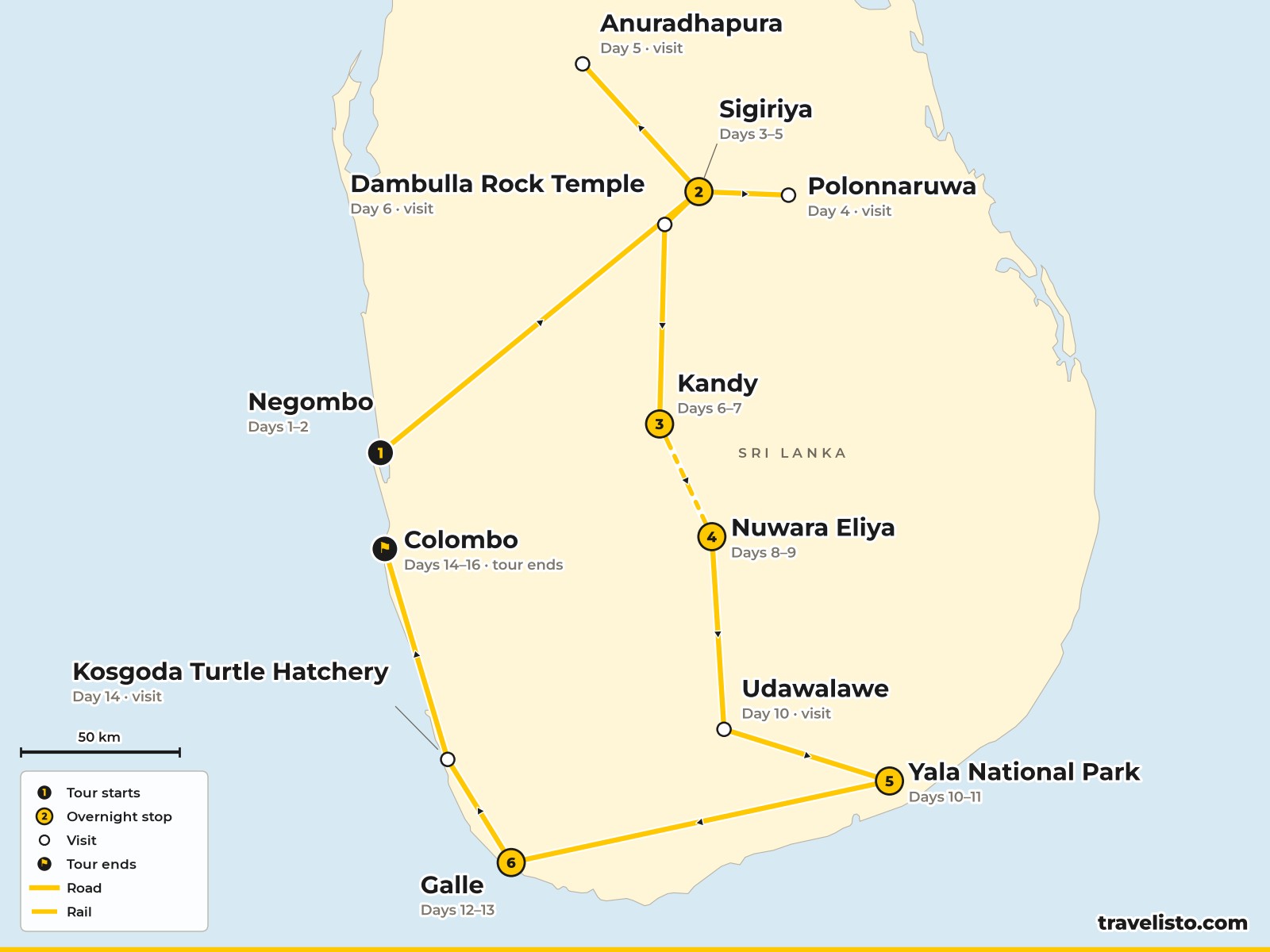 Map of the 16-day route from Negombo to Sigiriya, Polonnaruwa, Anuradhapura, Kandy, Nuwara Eliya, Yala, Galle and Colombo