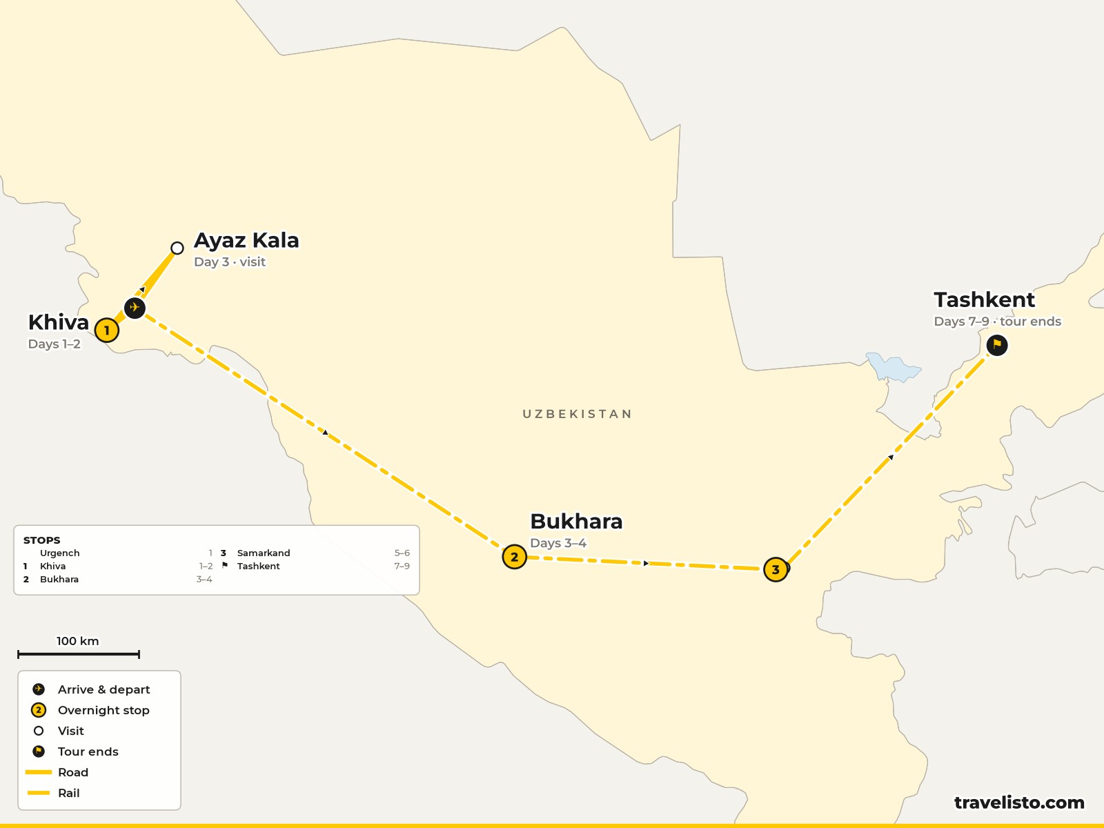 Map of the 9-day route from Khiva to Bukhara, Samarkand and Tashkent