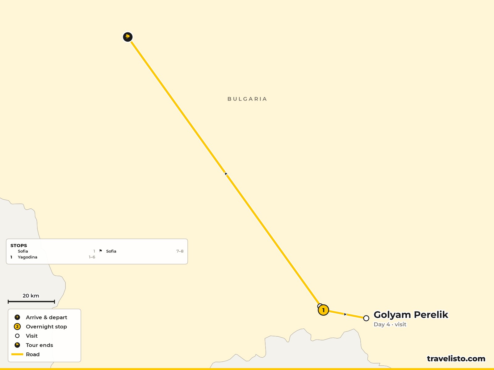 Map of the 8-day walking route in the Rodopi Mountains from Yagodina